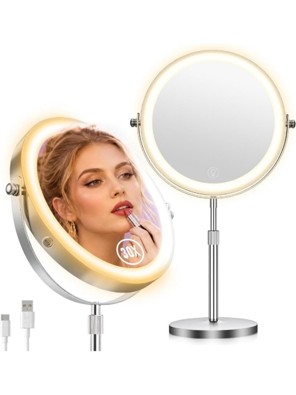 Adjustable 9" Double-Sided Makeup Mirror with Lights, 1X/30X Magnification, 360°